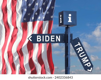 Road sign with the inscriptions Biden and Trump on the background of the US flag