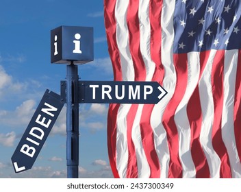 Road sign with the inscriptions Biden and Trump on the background of the US flag