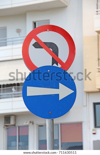 Road
sign. A left turn is prohibited. Turn to the
right.