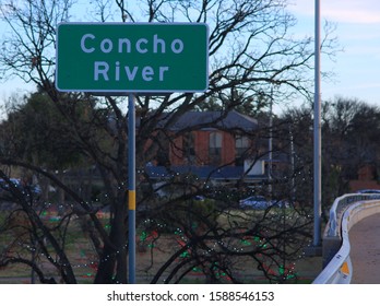 A Road Sign Marking The Concho River, San Angelo, TX/USA (Dec. 12, 2019)