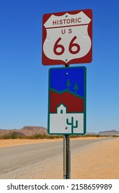 A road sign on the Historic Route 66 through the desert between Kingman and the wild west gold mining town of Oatman, Arizona, Southwest USA