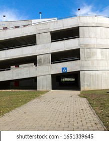 Road Sign In The Parking Lot Near The Football Stadium In Bucharest. Parking Lot, Side View.