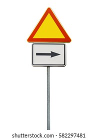 Road Sign For Right Arow And Red Triangle Sign Isolated On Rod