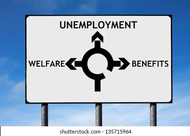 Road Sign With Roundabout Directions Pointing Towards Unemployment Welfare And Benefits To Illustrate The Financial Crisis