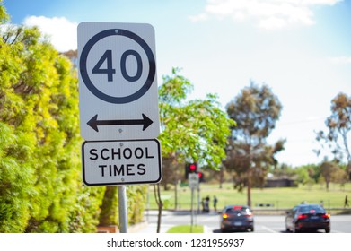 Road Sign School Zone. Australia, Melbourne. City Street.