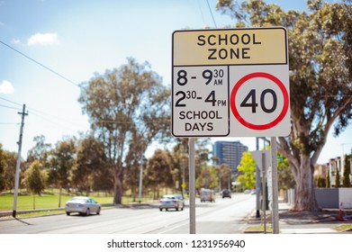 Road Sign School Zone. Australia, Melbourne. City Street.