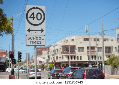 Road Sign School Zone. Australia, Melbourne. City Street.