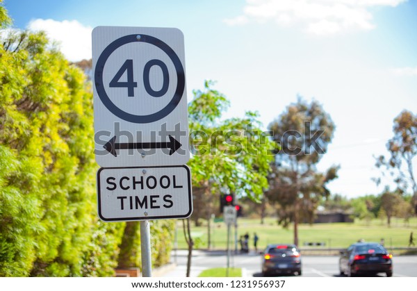 Road
sign school zone. Australia, Melbourne. City
street.