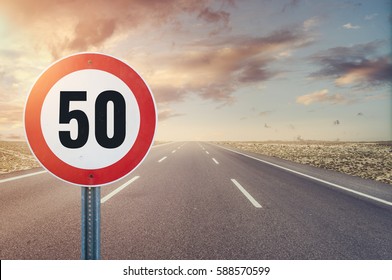 Road sign speed limit on the road