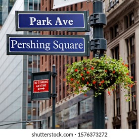 Road sign in the street. Park Ave. Pershing Square. New York. United States. 
