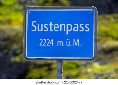 Road sign at Swiss mountain pass Susten 2224 Meters above sea level on a sunny summer day. Photo taken July 13th, 2022, Susten Pass, Switzerland. - Shutterstock ID 2178002477