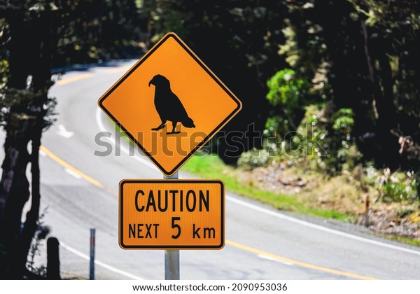 Road sign warning of\
alpine parrot kea