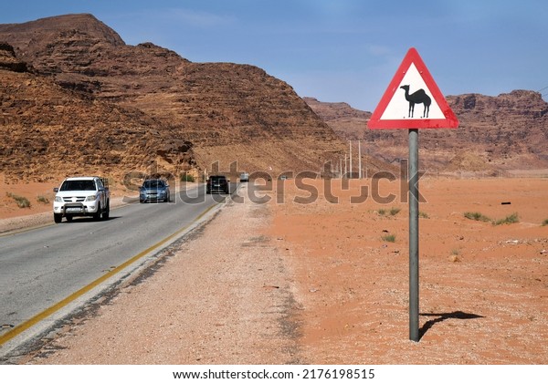 Road sign warning of camels\
stands by road, around Wadi Rum desert, Jordan. Driving car on\
road.