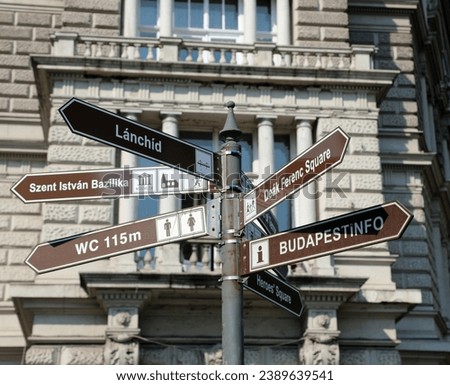 road signs with the main tourist attractions, monuments and also toilets of Budapest the capital of Hungary in Europe