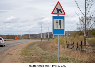 Road signs near the highway in the countryside. A funny combination of two road signs of a cattle drive and a food point