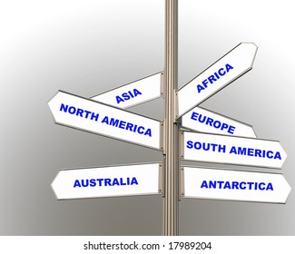 Road Signs Showing The Seven Continents