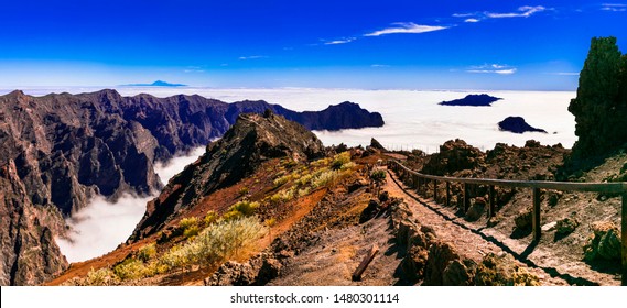 Road To The Sky. Mirador Roque De Los Muchachos - La Palma, Canary Islands. Popular Tourist Attraction And Place Of Biggest Observatory In Europe