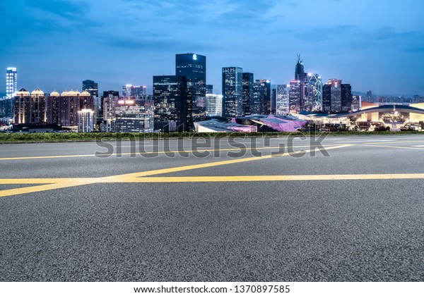 Road and skyline of
urban architecture

