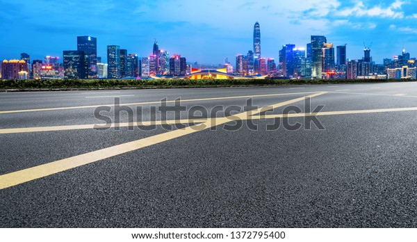 Road and skyline of
urban architecture

