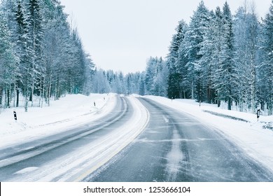 Road In Snowy Winter Lapland, Rovaniemi, Finland