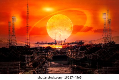 The road to space exploration. Alien techno planet and launch pad at the sunset sky with extraterrestrial sun. Elements of this image furnished by NASA.