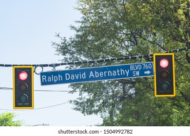 Road Street Direction Sign For Ralph David Abernathy Boulevard With Traffic Light In Atlanta, Georgia Downtown Midtown City In Summer