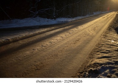 Road Is In Sunlight. Winter Track. Light On Roadway. Sunset Light.