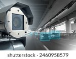 Road surveillance camera. CCTV for monitoring compliance with regulations. AI Camera near road. Video surveillance system records passing cars. Metal camera for detecting speed violations on road