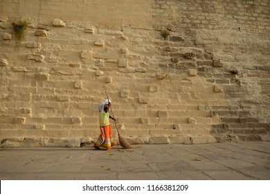 Road Sweeper In Varanasi.INDIA