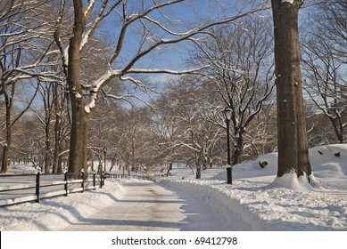 A Road Through Central Park With Freshly Fallen Snow.