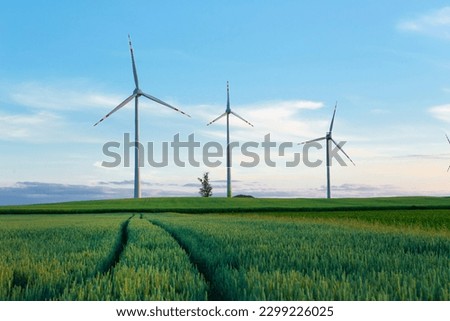 A road through a field leads to a station with wind generators