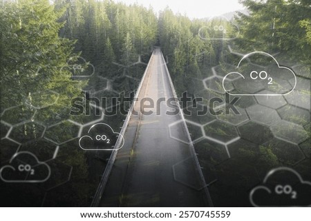 A road through a forest with CO2 cloud graphics overlay, highlighting environmental impact and carbon emissions. CO2 clouds emphasize climate change concerns. Environment and climate change concept.