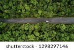 Road through the green forest, Aerial view car truck drive going through forest, Aerial top view forest, Texture of forest view from above, Ecosystem and healthy environment concept and background.