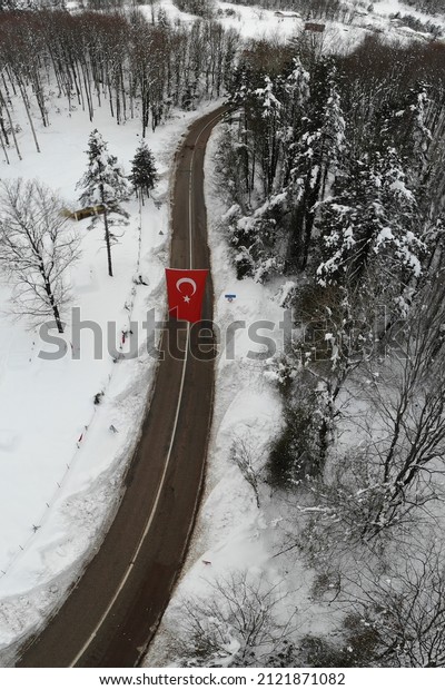 The\
road through the winter snow forest. Winter snow road in forest.\
Winter forest snowy road. Snow road in winter\
forest