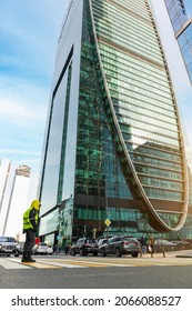 Road Traffic Controller Pedestrian Moscow City .Empire Tower .Russia,Moscow, 12okt2021.