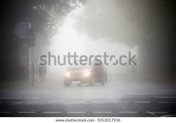 Road traffic with cyclists and cars in the\
morning in the fog.                 \
