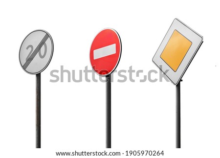 Road traffic metal signs set: speed limit is over (round), no entry (red) and main priority road (square yellow). Isolated on a white background. 3D.