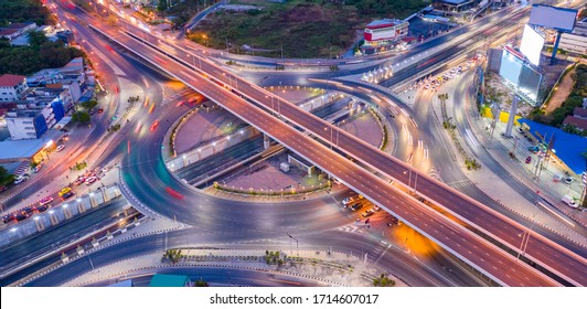 Road traffic on circle at night