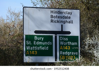 Road Traffic Sign Showing Directions At A Junction Of The A143 Road In Suffolk, England, UK - April 2021