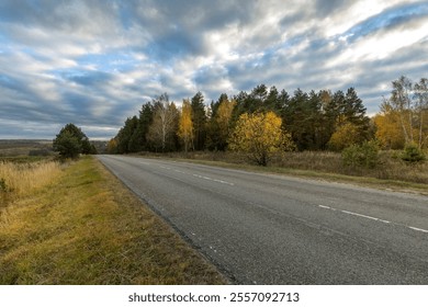 A road with trees in the background and a cloudy sky. The road is empty and the trees are in autumn - Powered by Shutterstock