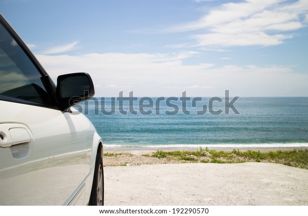 road trip car on the beach blue sea ocean sky\
seaside summer