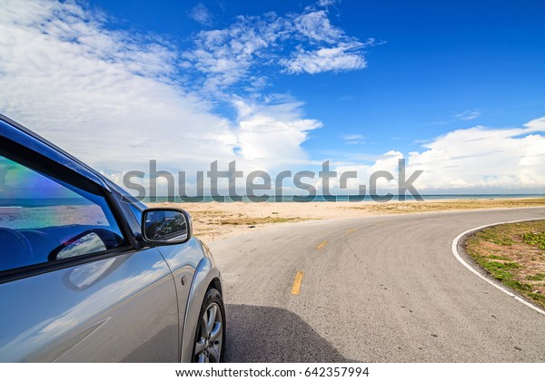 Road trip car on the beach, Summer holiday and\
car travel concept.