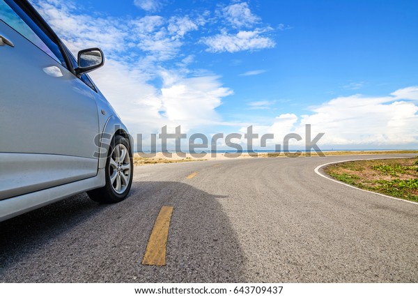 Road trip car on the beach, Summer holiday and\
car travel concept.