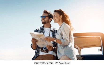 Road trip, couple and map outdoor for destination, location search and navigation for travel. Happy people, man and woman with paper for guidance, direction and instructions for adventure journey - Powered by Shutterstock