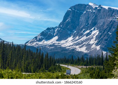 Road Trip With A Great View Of Big Mountain And Blue Sky In Alberta, Canada.