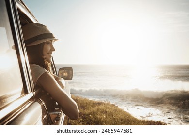 Road trip, happy and woman in car window by ocean on holiday, vacation and summer weekend in countryside. Travel, sun and person in vehicle by seaside for transport, journey and driving adventure - Powered by Shutterstock