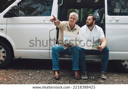 Road trip, map or lost men pointing in travel car, van or moving camper on Australian forest woods street. Traveling, mature father or man thinking of location gps ideas or confused by tourist paper