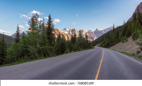 Road Trip On Mountain Highway In Rocky Mountains, Banff, Alberta, Canada. 