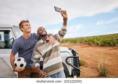 Road Trip, Selfie And Adventure Friends With Van For Travel In Nature Or Countryside For Holiday, Vacation Or Outdoor Lifestyle. Happy Diversity People Taking Photo With 5g Cellphone App In Australia