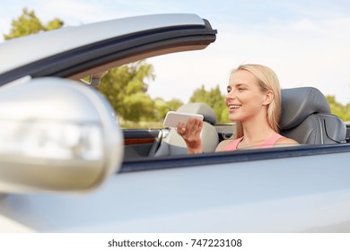 Road Trip, Technology And Communication Concept - Happy Young Woman Calling On Smartphone Or Using Voice Command Recorder At Convertible Car